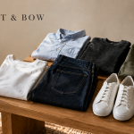 Mott & Bow jeans and wardrobe essentials arranged for a fit guide