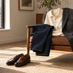 Illustrative office outfit with dark indigo jeans, cream knit polo, charcoal blazer and brown loafers